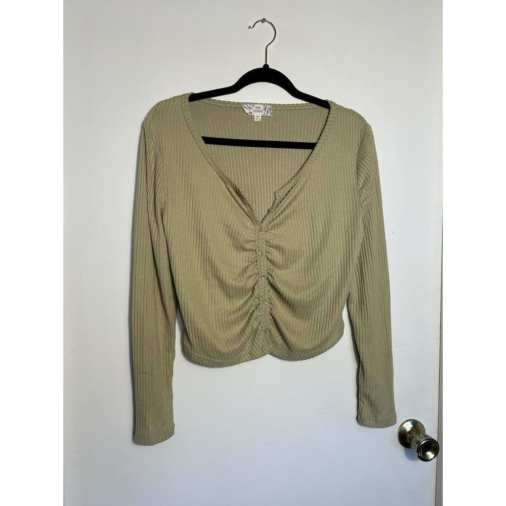 Pink Republic Ribbed Ruched Button Front Top Dusty‎ Moss Green XXL Long Sleeve